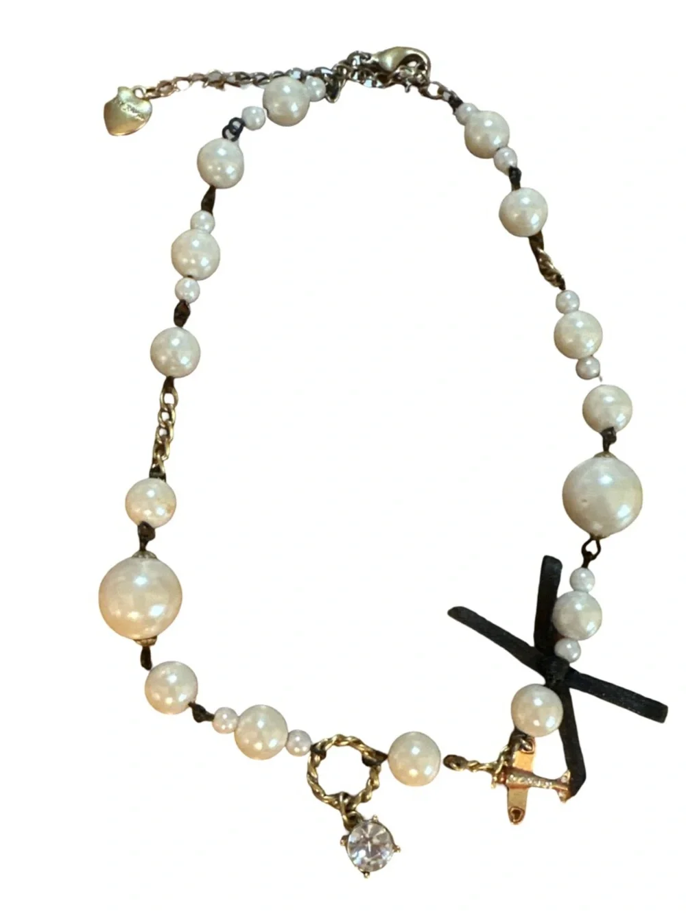 Betsey Johnson Vintage Pearl Charm Necklace Gold Tone Statement